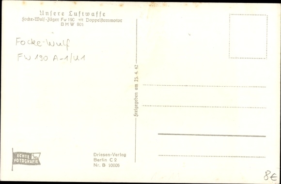 Postcard Deutsche Luftwaffe, fighter plane, Focke Wulf Jäger Fw 190, A1U1