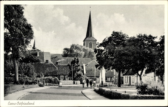 Postcard Esens in Ostfriesland, street view with church