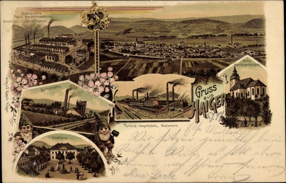 Chromo-Litho Haiger in the Lahn Dill district, city views, town house, Agnesenhütte, church, war memorial