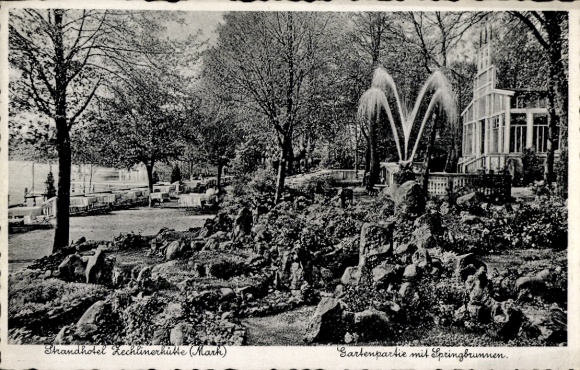 Postcard Zechlinerhütte Stadt Rheinsberg in der Mark, beach hotel, garden area with fountain
