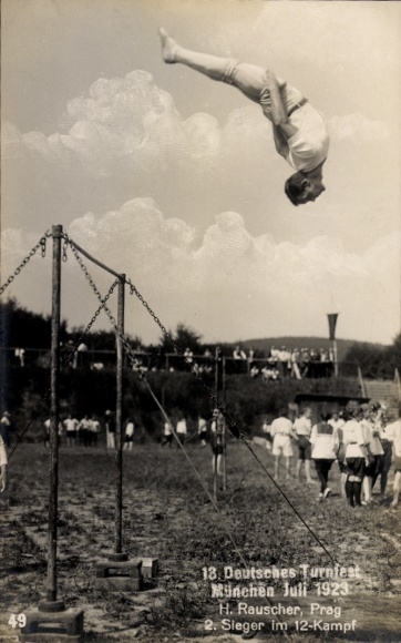 Photo Postcard 13th German Gymnastics Festival Munich July 1923, H. Rauscher from Prague, 2nd winner in the 12-fight
