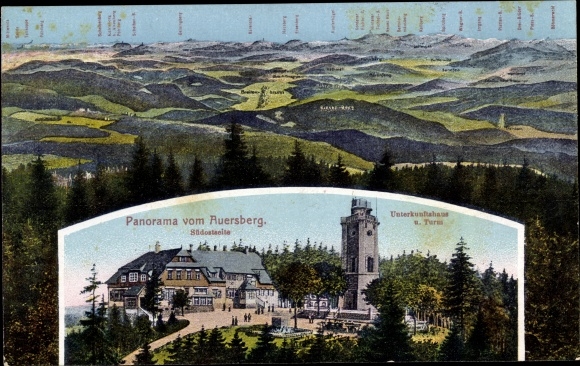 Postcard Wildenthal Eibenstock in the Ore Mountains, panorama from the Auersberg, accommodation house, Riesenberg