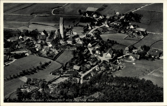 Postcard Kirchhaslach in Schwaben, aerial photograph