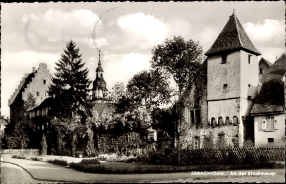Postcard Erbach in the Odenwald Hesse, Black Forest landscape, city wall, church tower, trees, street