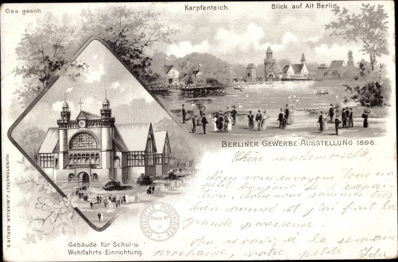 Dzielnica lito Berlin Treptow, staw karpiowy, widok na Stary Berlin, berlińska wystawa handlowa 1896