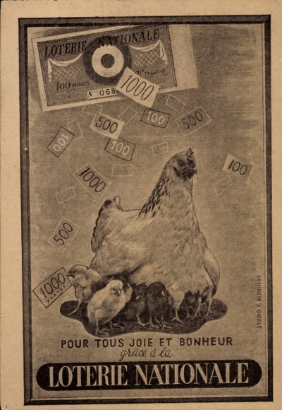 Postcard Pour tous joie et Bonheur, Loterie Nationale, chicken family, banknotes