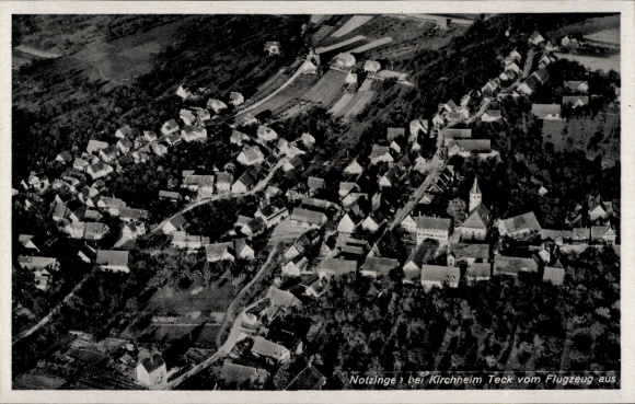 Postcard Notzingen Baden Württemberg, aerial photograph, view of houses, church, rural surroundings