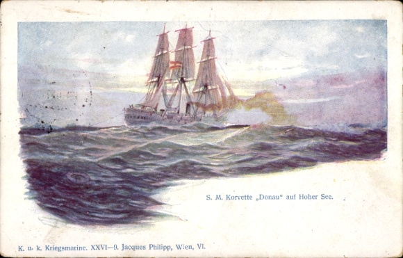 Künstler Ak Österreichisches Kriegsschiff, SMS Donau, Korvette auf Hoher See, KuK Kriegsmarine