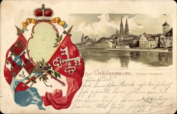 Embossed coat of arms Chromo-Litho Regensburg on the Danube Upper Palatinate, Danube view, Prince of Thurn & Taxis