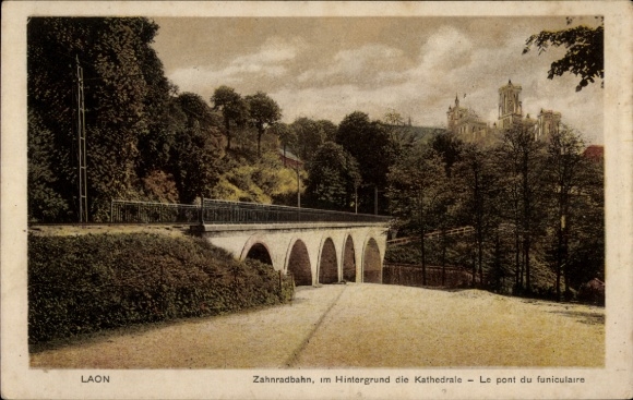 Postcard Laon Aisne, cog railway, cathedral in the background, idyllic landscape