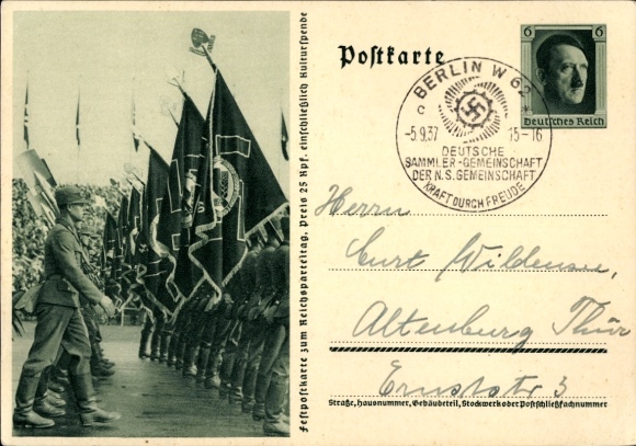 Ganzsachen Ak Nürnberg, Reichsparteitag 1937, Reichsarbeitsdienst, Arbeitsmänner, RAD Aufmarsch