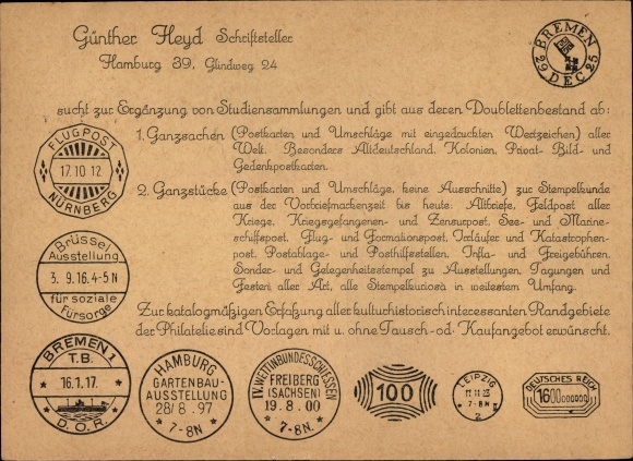 Ak Hamburg, Schriftsteller Günther Heyd sucht und gibt ab Ganzsachen, Ganzstücke
