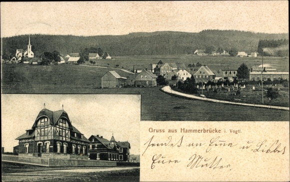 Postcard Hammerbrücke in Vogtland, total view, villa