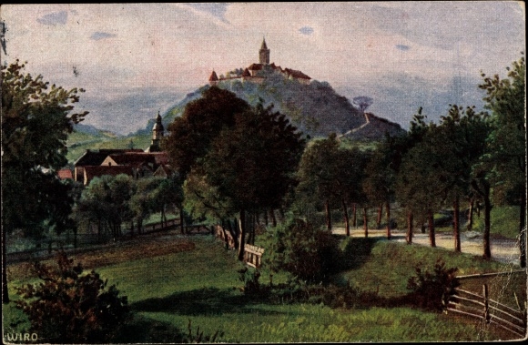 Kunstenaar ansichtkaart Seitenroda in Thüringen, Hotel Schloss Leuchtenberg, panoramisch uitzicht op de site en de omgeving