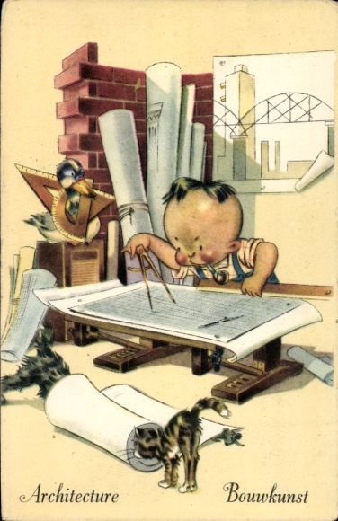 Postcard architect with compass, technical draftsman