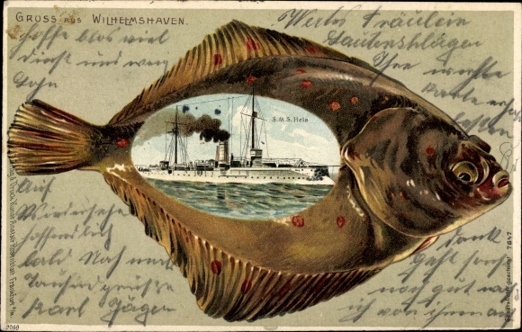Embossed litho Wilhelmshaven on the North Sea, fish, German warship SMS Hela, Imperial Navy