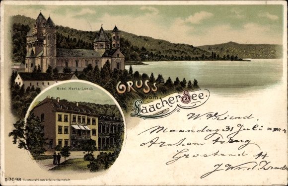 Litho Glees Eifel Rheinland Pfalz, Hotel Maria Laach, Kirche, Laacher See