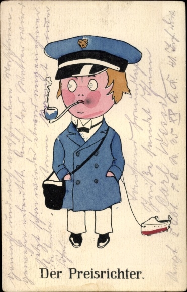 Artist Postcard The judge, boy in sailor uniform with pipe and model ship