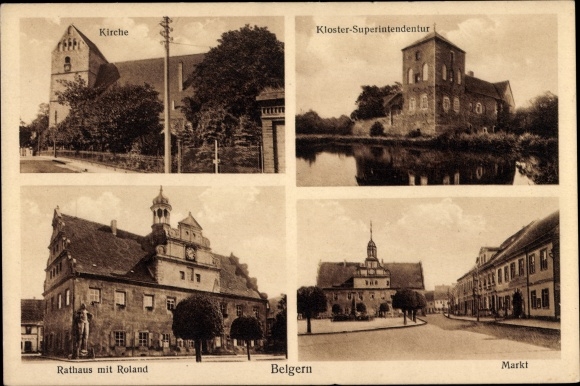 Postcard Belgern in Saxony, church, town hall, Roland, market, monastery