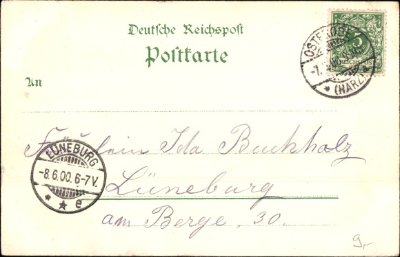Litho Osterode am Harz, Alte Burg, Markt mit Marktkirchturm, Postgebäude, Schwimmbad
