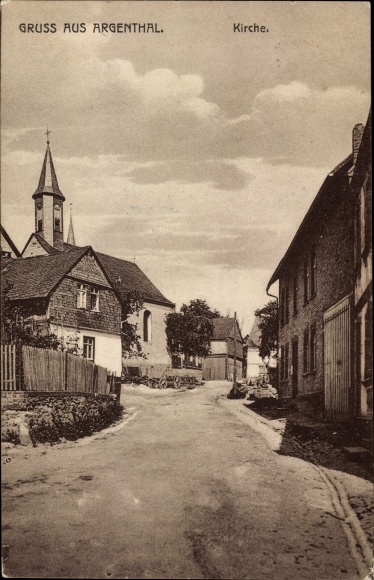 PC Argenthal in the Hunsrück, street with church