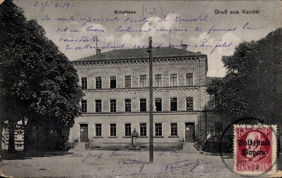 Postcard Kandel in the Palatinate Bienwald, schoolhouse