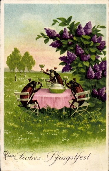 Postcard Congratulations Pentecost, May beetle on the table, lilac