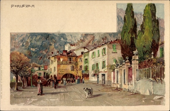 Artist Chromo-Litho Wielandt, Manuel, Porlezza Lombardia, street section in the city