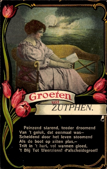 Passepartout Postcard Woman reading a letter, tulips, kitsch