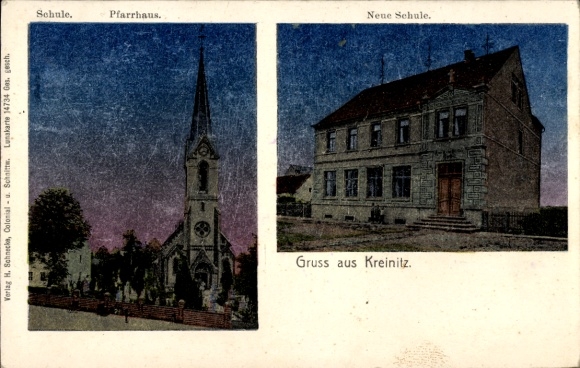 Postcard Kreinitz Zeithain in Saxony, church, rectory, new school, greetings from Kreinitz