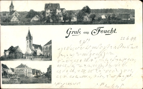 Ak Feucht im Kreis Nürnberger Land Mittelfranken, Totalansicht mit Kirche und Marktplatz