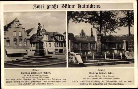 Postcard Hainichen in Saxony, Christian Fürchtegott Gellert, Friedrich Gottlob Keller, monuments