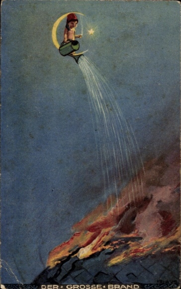 Artist Postcard boy with fez on the crescent moon pours burning earth, lava?