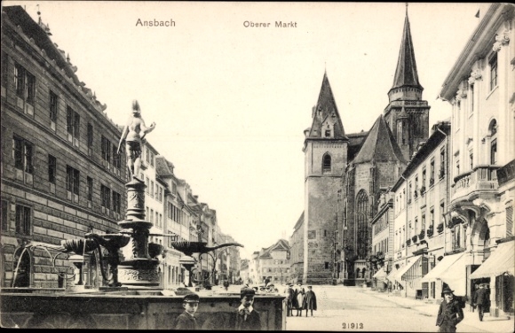 KP Ansbach w środkowej Frankonii Bawaria, Górny Rynek, fontanna, kościół, architektura