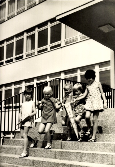 Postcard Congratulations Back to School, Girl, School Stairs