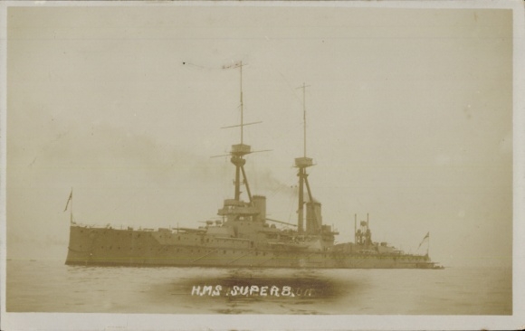 Postcard warship HMS Superb, battleship, Royal Navy