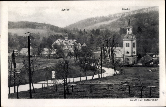 Postcard Dürrröhrsdorf Dittersbach in Saxony, view of the castle, church