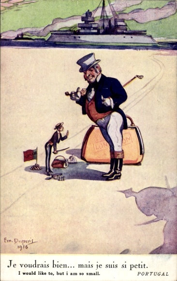 Kunstenaar Ak Dupuis, Emil, Portugal, Monsieur l'Anglais, Schaduw van Kaiser Wilhelm II, Oorlogsschip