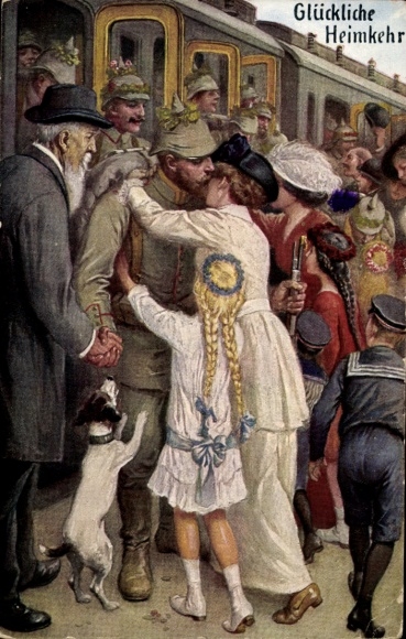 Postcard Happy Homecoming, German soldiers greeted by their families