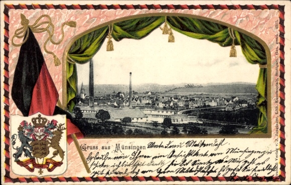 Präge Wappen Passepartout Ak Münsingen in Württemberg, Gesamtansicht