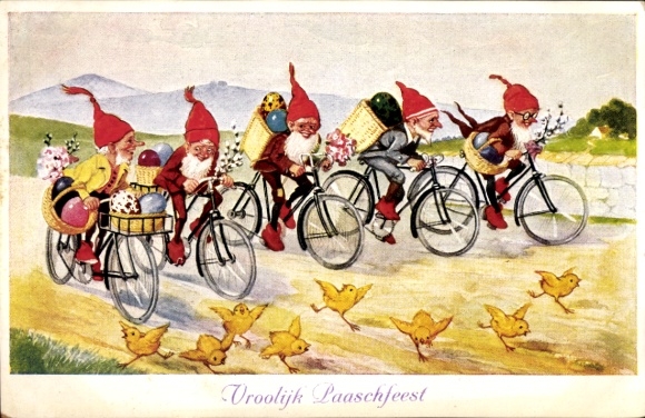 Ak Glückwunsch Ostern, Küken, Zwerge, Radsport