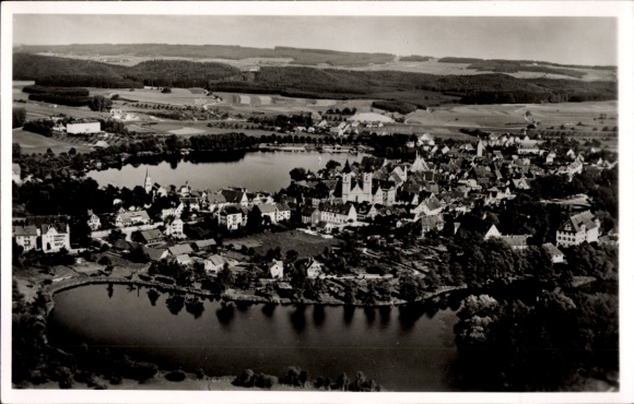 Postcard Waldsee in the Palatinate, aerial view of idyllic lake, surrounding landscape