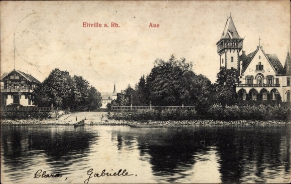 Ak Eltville am Rhein Hessen, Schwarze und weiße Ansicht von Eltville, Fluss, Bäume, Gebäude