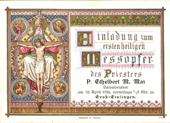 Postcard Groß Eislingen an der Fils Württemberg, invitation to the first holy sacrifice of the mass Fr. Ethelbert M. May