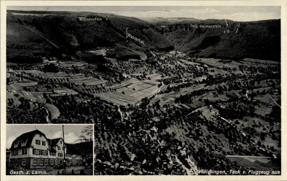 Postcard Neidlingen an der Teck Baden Württemberg, aerial photo, Gasthaus zum Lamm