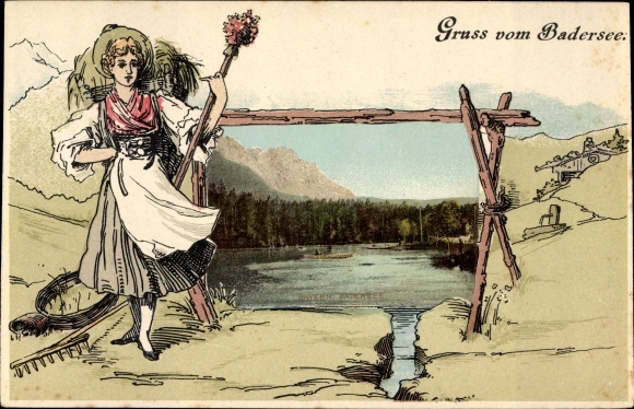 Embossed passepartout PC Grainau in the district of Garmisch Partenkirchen, Greetings from the Badersee
