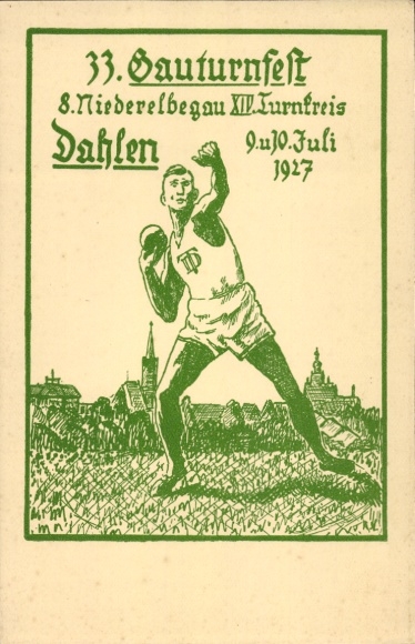 Künstler Ak Dahlen im Kreis Nordsachsen, 33. Gauturnfest 1927, Niederelbegau, Kugelstoßer