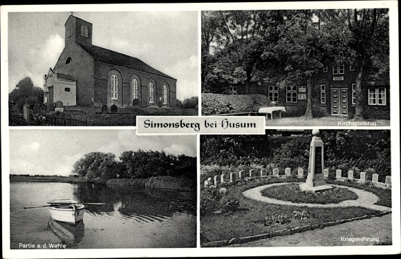 Ak Simonsberg in Noord-Friesland, kerk, oorlogsmonument, kavel aan de Wehle, parochiekruik
