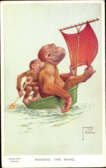 Artist Postcard Wood, L., Monkeys in a Rowing Boat