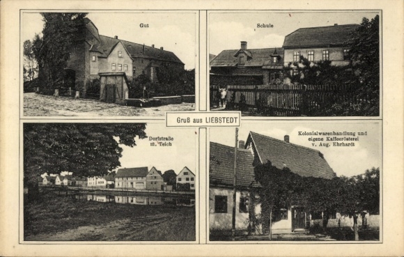 Ak Liebstedt Ilmtal Weinstraße Weimarer Land, Schloss, Kaffeerösterei, Schule, Dorfstr. mit Teich